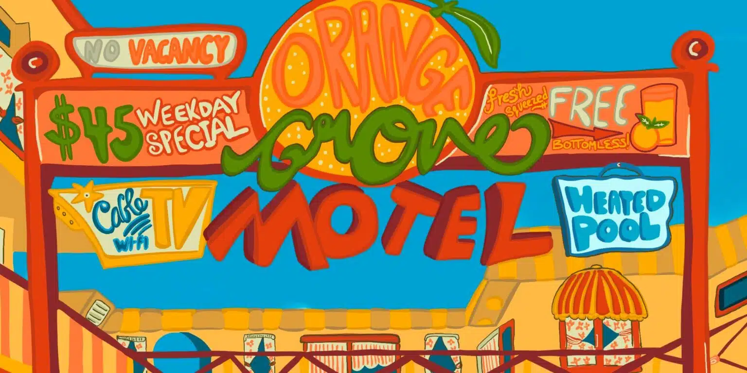 Colorful digital artwork of a retro Orange Grove Motel featuring a vintage roadside sign, a courtyard swimming pool with an alligator float, tropical landscaping, and playful mid-century motel details.