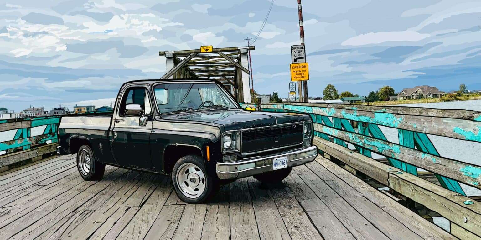 Digital artwork of a classic black and white vintage Chevrolet pickup truck on a wooden drawbridge overlooking the waterfront beneath dramatic clouds.